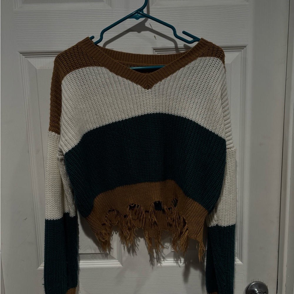 Striped Fringe Hem Women’s Sweater - Brown, Cream, Dark Green